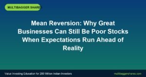Banner for Multibagger Shares article: 'Mean Reversion: Why Great Businesses Can Still Be Poor Stocks When Expectations Run Ahead of Reality' against a blue-green gradient, with a small green logo badge at top-left and a dark footer band.