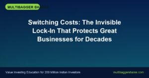 Hero banner with the article title: "Switching Costs: The Invisible Lock-In That Protects Great Businesses for Decades" on a blue gradient background, lime logo badge top-left, and footer with site URL text.