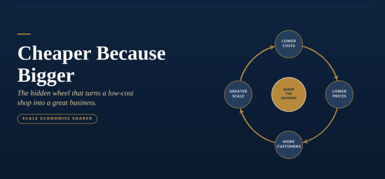 Hero header with the large title 'Cheaper Because Bigger' and a right-side circular diagram showing a central node 'Share the savings' surrounded by 'Lower costs', 'Lower prices', 'More customers', and 'Greater scale' on a dark blue gradient background.