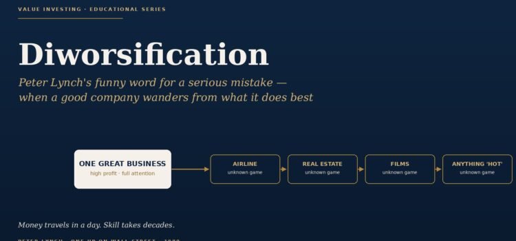 Dark blue hero banner with the title 'Diworsification' and a gold subtitle; a gold-outlined flow diagram shows 'ONE GREAT BUSINESS' leading to 'AIRLINE', 'REAL ESTATE', 'FILMS', and 'ANYTHING HOT'.