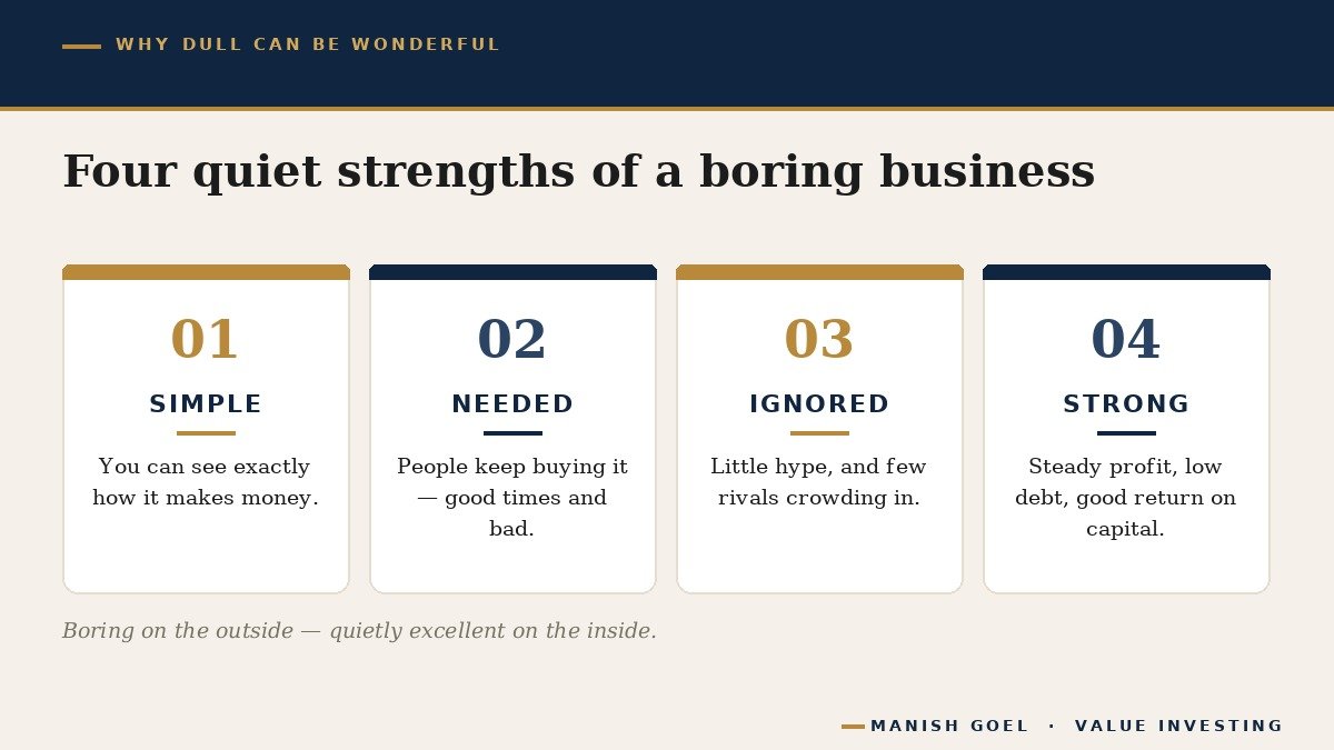 Four cards showing what often makes a boring business a wonderful one: you can understand it, people keep buying it, the crowd ignores it, and the numbers are quietly strong