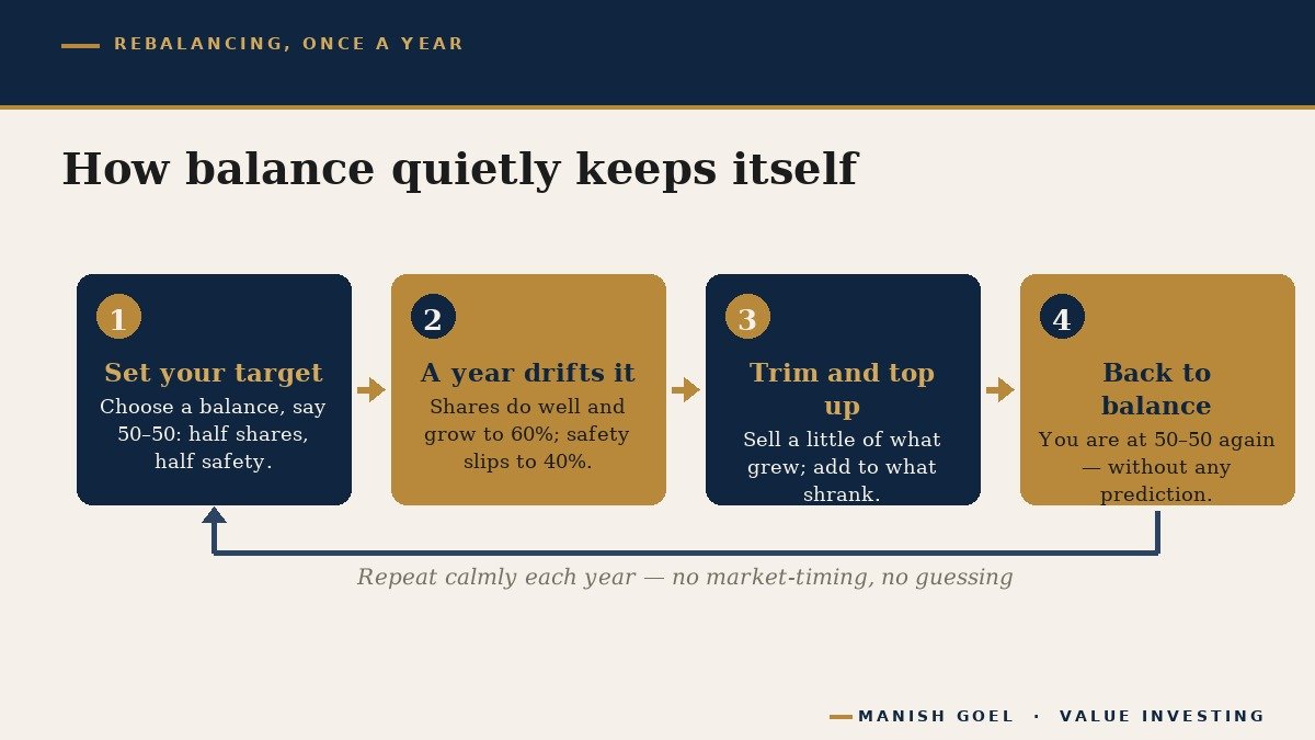 A simple yearly rebalancing cycle: set your target mix, let prices drift it out of balance, then trim what grew and top up what shrank to return to target