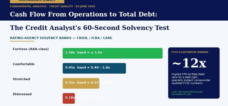 Infographic explaining a solvency test with four bands—Fortress (1.5x+), Comfortable (0.95x), Stretched (0.55x), Distressed (0.18x) and a 12x illustrative marker on the right side.