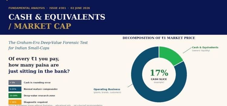Infographic showing cash & equivalents as 17% of market price with a donut chart, plus legend and text about Indian small-caps.