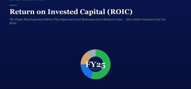 Dark navy hero banner with the headline “Return on Invested Capital (ROIC)” and a multicolor donut chart labeled FY25 Reinvented centered on the page.