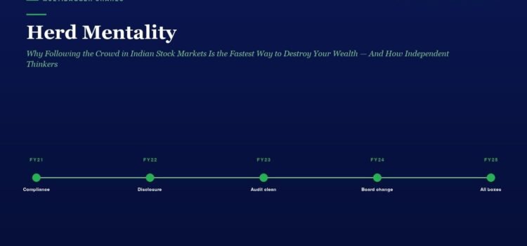 Dark blue hero header with the title 'Herd Mentality' and a teal subtitle, plus a green five-point timeline from FY21 to FY25 labeled Compliance, Disclosure, Audit clean, Board change, All boxes.