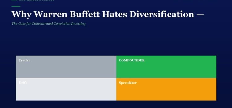 Hero header: title 'Why Warren Buffett Hates Diversification' with subtitle, over navy background and a 2x2 color grid (Trader, Compounder, Drift, Speculator).