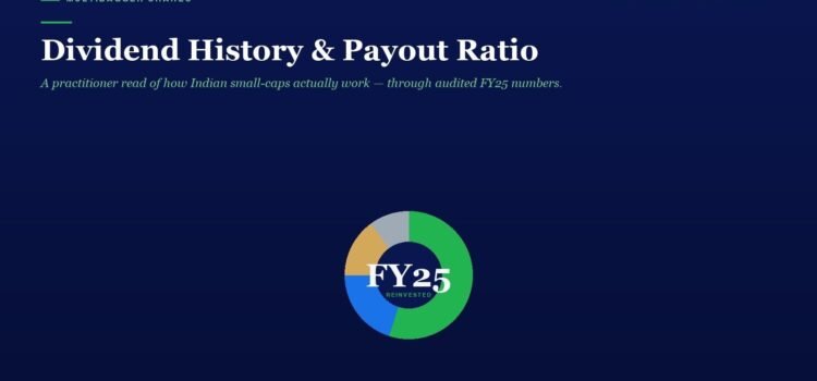 Hero header for an article: title 'Dividend History & Payout Ratio' with a subtitle and a centered colorful donut chart labeled FY25 Reinvented on a dark blue background.
