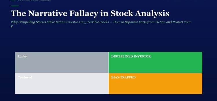 Infographic showing four stock-analysis biases in a two-by-two grid: Lucky, Disciplined Investor, Confused, and Bias-Trapped.