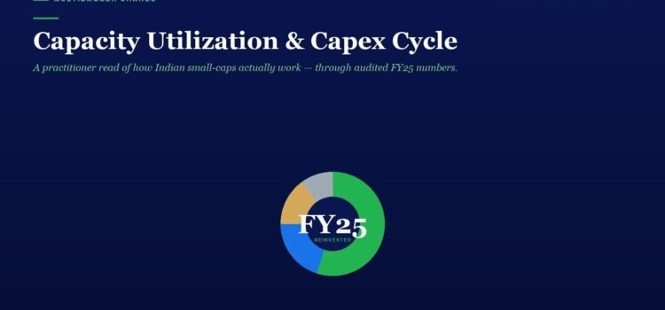 Dark blue hero banner with the title 'Capacity Utilization & Capex Cycle' and a centered colorful FY25 donut chart (reinvested) on a dark background.