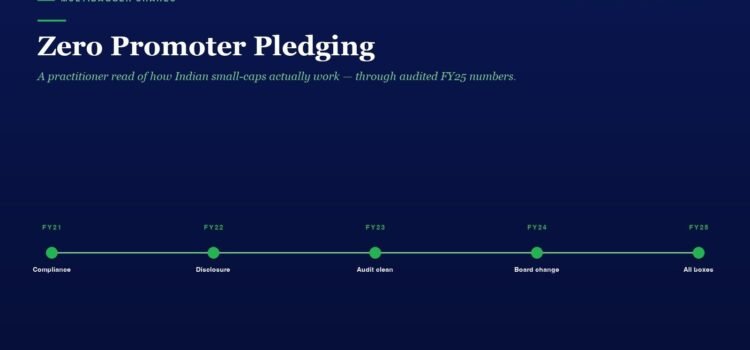 Zero Promoter Pledging Hero section with the title "Zero Promoter Pledging" and a green milestone timeline from FY21 to FY25 (Compliance to All boxes). Reading the bottom timeline shows five milestones along the line: Compliance, Disclosure, Audit clean, Board change, All boxes.