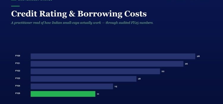 Credit Rating & Borrowing Costs Infographic titled Credit Rating & Borrowing Costs; horizontal bars show FY20–FY25 values (28, 26, 22, 18, 14, 11) on a dark blue background.