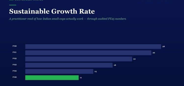 Sustainable Growth Rate Infographic banner titled 'Sustainable Growth Rate' with a horizontal bar chart showing yearly values from FY20 to FY25; FY25 is highlighted in green (11) and the other bars are purple with values FY20 28, FY21 26, FY22 22, FY23 18, FY24 14; top-left label reads 'Multibagger Shares' and subtitle notes 'Daily Edition' style.