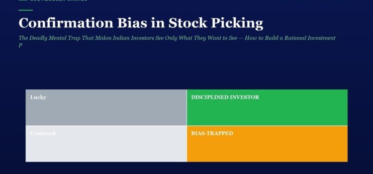 Confirmation Bias in Stock Picking: The Deadly Mental Trap That Makes Indian Investors See Only What They Want to See — How to Build a Rational Investment Process That Challenges Your Own Assumptions Magazine-style hero with title 'Confirmation Bias in Stock Picking' and a 2x2 color-block diagram: top row shows 'Lucky' (gray) and 'Disciplined Investor' (green); bottom row shows 'Confused' (light gray) and 'Bias-Trapped' (orange), set on a dark navy background to illustrate investing psychology themes.