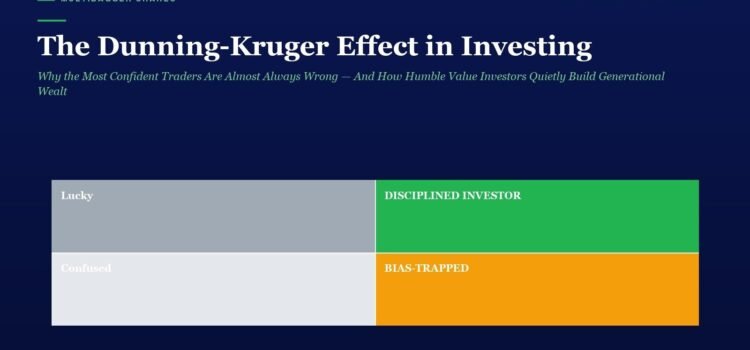 The Dunning-Kruger Effect in Investing: Why the Most Confident Traders Are Almost Always Wrong — And How Humble Value Investors Quietly Build Generational Wealth Hero title 'The Dunning-Kruger Effect in Investing' with a two-column diagram: left 'Lucky/Confused', right 'Disciplined Investor/Bias-Trapped'.