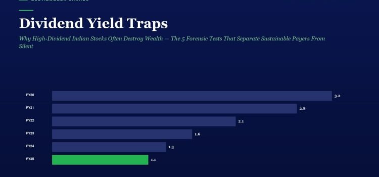 Dividend Yield Traps: Why High-Dividend Indian Stocks Often Destroy Wealth — The 5 Forensic Tests That Separate Sustainable Payers From Silent Portfolio Killers Banner titled Dividend Yield Traps with a horizontal bar chart of fiscal-year dividend yields from FY20 to FY25; FY25 is shown in green. Combatting yields trend from high in FY20 to lower in FY25.