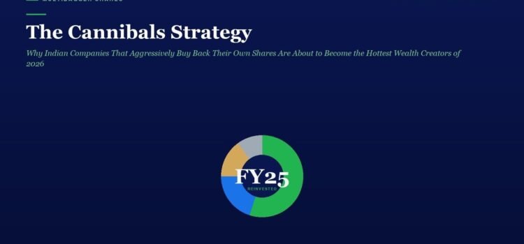 The Cannibals Strategy: Why Indian Companies That Aggressively Buy Back Their Own Shares Are About to Become the Hottest Wealth Creators of 2026 — How Smart Value Investors Can Profit From SEBI’s New Buyback Tax Regime Before the Crowd Wakes Up Hero banner for 'The Cannibals Strategy' with subtitle and a colorful donut chart logo 'FY25 Reinvented' centered on dark blue.