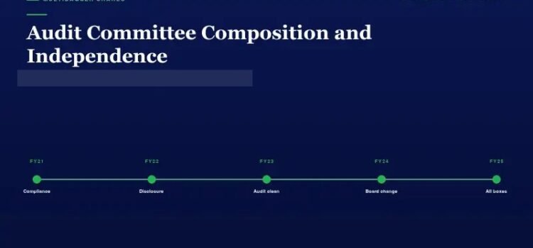 Audit Committee timeline on a dark blue background from FY21 to FY25 with green milestone dots labeled Compliance, Disclosure, Audit clean, Board change, and All boxes.
