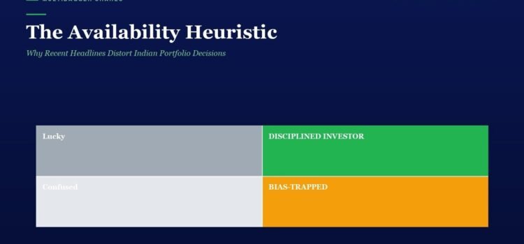 Dark blue slide with the title The Availability Heuristic and a four-quadrant color chart: Lucky (gray), Disciplined Investor (green), Confused (light gray), Bias-Trapped (orange).