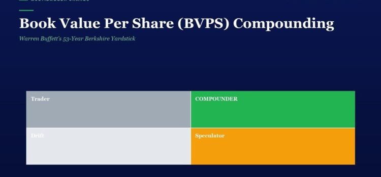 Hero infographic on BVPS compounding with four blocks: left column 'Trader' above 'Drift' in gray; right column 'COMPUNDER' (green) above 'Speculator' (orange) on a dark blue background, title text at top.