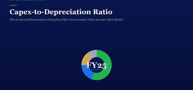 Dark blue hero banner with the headline 'Capex-to-Depreciation Ratio' and a green subtitle, featuring a centered multicolor donut chart labeled 'FY25' on a navy background.