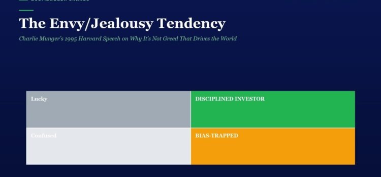 The Envy/Jealousy Tendency: Charlie Munger’s 1995 Harvard Speech on Why It’s Not Greed That Drives the World Infographic with a dark blue background showing a 2x2 grid of colored panels: top left 'Lucky' (grayish-blue), top right 'DISCIPLED INVESTOR' (green), bottom left 'Confused' (light gray), bottom right 'BIAS-TRAPPED' (orange); title reads 'The Envy/Jealousy Tendency' with a subtitle about Charlie Munger's Harvard speech.