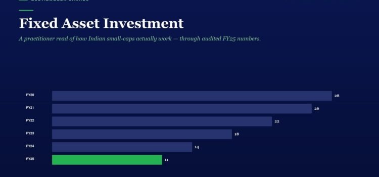 Fixed Asset Investment Bar chart titled Fixed Asset Investment showing FY20–FY25 values (28, 26, 22, 18, 14, 11); FY25 bar is green.
