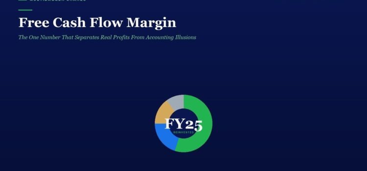 Hero banner with a dark blue background, headline 'Free Cash Flow Margin', subtitle, and a colorful donut chart labeled 'FY25 Reinvented'.