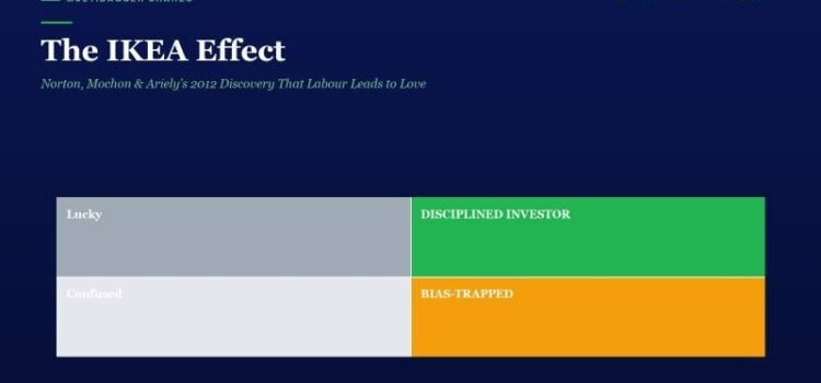 Cover of The IKEA Effect with navy background, title and subtitle, plus a two-by-two color grid: top-left 'Lucky' (gray), top-right 'DISCIPLINED INVESTOR' (green), bottom-left 'Confused' (light gray), bottom-right 'BIAS-TRAPPED' (orange).