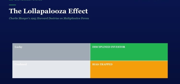The Lollapalooza Effect title with a four-quadrant infographic: top-left 'Lucky' in light gray, top-right 'DISCIPLINED INVESTOR' in green, bottom-left 'Confused' in pale gray, bottom-right 'BIAS-TRAPPED' in orange, all on a dark blue background.