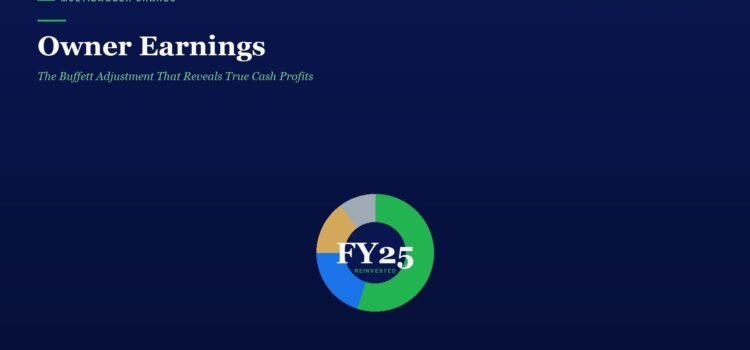 Hero banner with the title 'Owner Earnings' and subtitle on a dark blue background, featuring a colorful ring chart in the center labeled 'FY25 Reinvented' and small 'Multibagger Shares' text at top left.