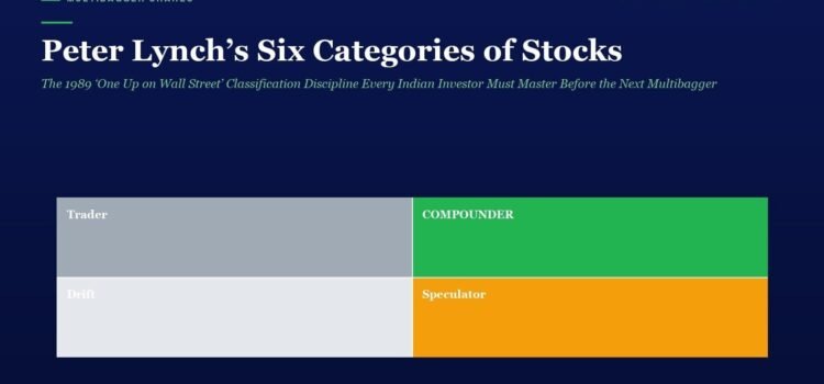 Peter Lynch’s Six Categories of Stocks: The 1989 ‘One Up on Wall Street’ Classification Discipline Every Indian Investor Must Master Before the Next Multibagger Hunt Header text 'Peter Lynch’s Six Categories of Stocks' with a four-block grid: Trader (gray), Compounder (green), Drift (light gray), Speculator (orange).
