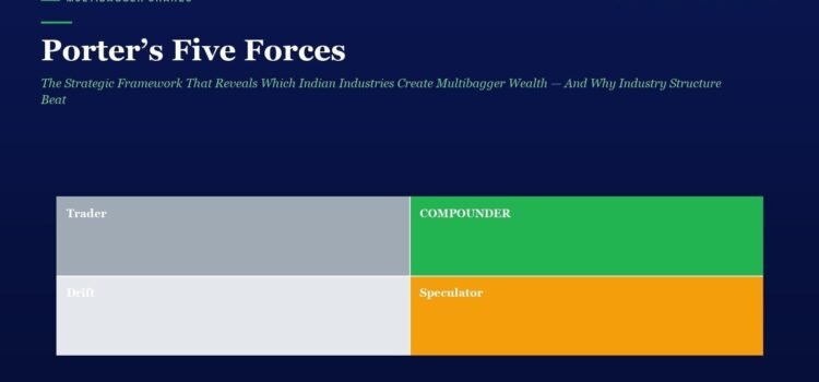 Porter’s Five Forces: The Strategic Framework That Reveals Which Indian Industries Create Multibagger Wealth — And Why Industry Structure Beats Stock Picking Porter's Five Forces title with a 2x2 color grid: Trader (gray), COMPOUNDER (green), Drift (light gray), Speculator (orange).