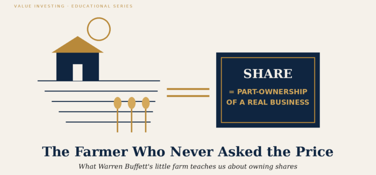 Header image for Manish Goel article: stylized farm illustration with house, sun, lines, and a dark blue share panel; title reads 'The Farmer Who Never Asked the Price'.
