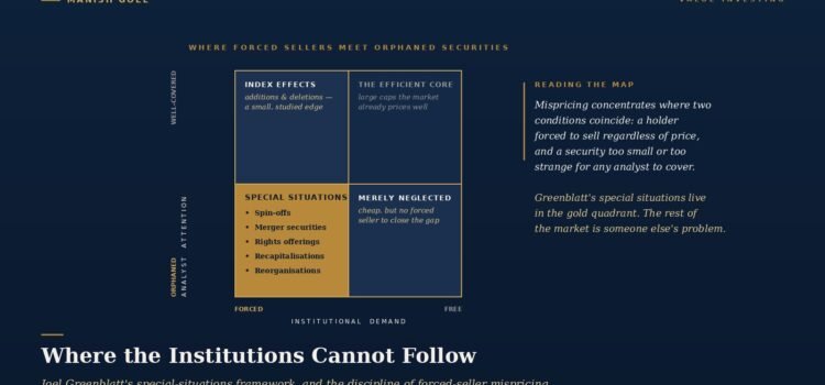 Diagram of Joel Greenblatt's framework: a 2x2 matrix with four quadrants—Index Effects, The Efficient Core, Special Situations (gold), and Merely Neglected (blue)—plus axes labeled Forced–Free and Institutional Demand, and a right-hand descriptive panel.