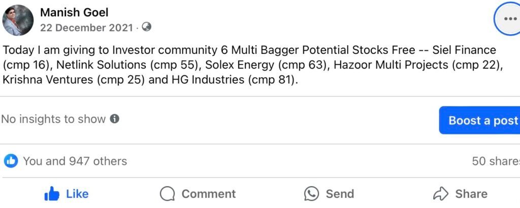 My public buy call &mdash; Solex Energy at ₹63, shared free on 22 December 2021.