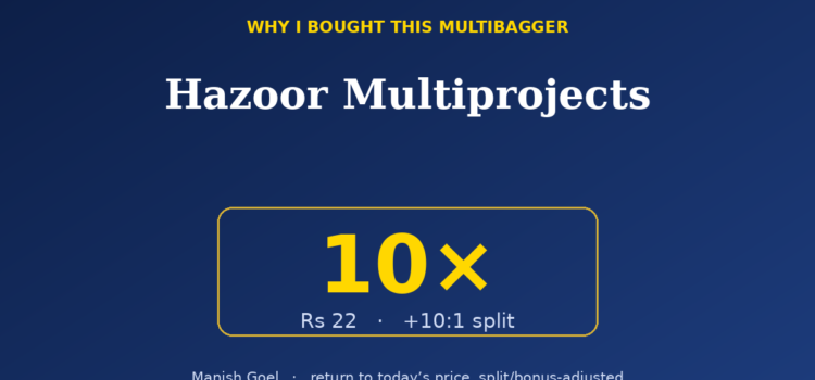 Poster: 'Hazoor Multiprojects' title with a bold yellow '10x' badge and price/split details Rs 22 and +10:1 split in a rounded rectangle.