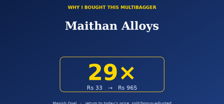 Hero banner proposing a stock idea: Maithan Alloys, 29x return, price rise from Rs 33 to Rs 965 on a dark blue gradient background