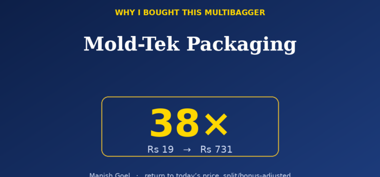 Informational hero: Mold-Tek Packaging with a bold 38x gain, showing Rs 19 to Rs 731 and the author Manish Goel.